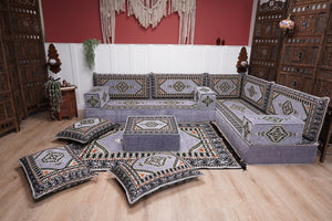 16'' Thickness Gray L Sofa Set, Arabic Floor Sofa Seating,  Living Room Sofa, Sectional Sofa, Moroccan Sofas, Corner Floor Couch, Turkish Sofa