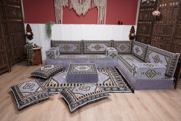 16'' Thickness Gray L Sofa Set, Arabic Floor Sofa Seating,  Living Room Sofa, Sectional Sofa, Moroccan Sofas, Corner Floor Couch, Turkish Sofa