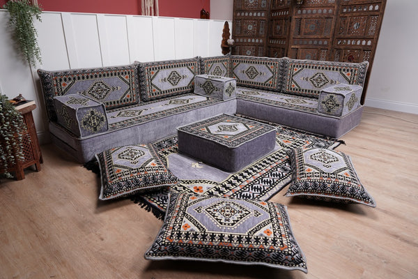 16'' Thickness Gray L Sofa Set, Arabic Floor Sofa Seating,  Living Room Sofa, Sectional Sofa, Moroccan Sofas, Corner Floor Couch, Turkish Sofa