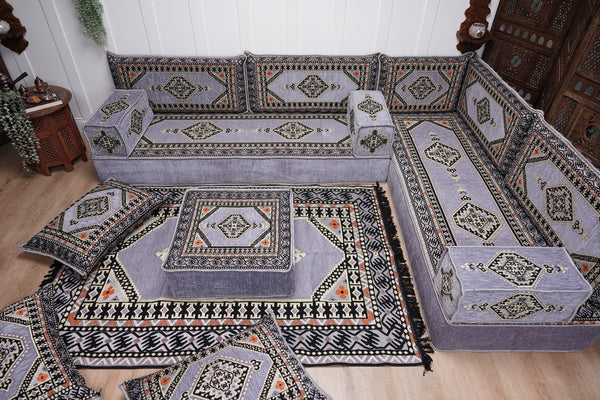 16'' Thickness Gray L Sofa Set, Arabic Floor Sofa Seating,  Living Room Sofa, Sectional Sofa, Moroccan Sofas, Corner Floor Couch, Turkish Sofa