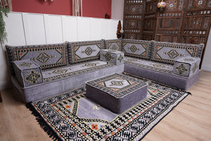 16'' Thickness Gray L Sofa Set, Arabic Floor Sofa Seating,  Living Room Sofa, Sectional Sofa, Moroccan Sofas, Corner Floor Couch, Turkish Sofa