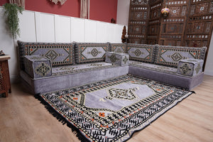 16'' Thickness Gray L Sofa Set, Arabic Floor Sofa Seating,  Living Room Sofa, Sectional Sofa, Moroccan Sofas, Corner Floor Couch, Turkish Sofa