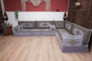 16'' Thickness Gray L Sofa Set, Arabic Floor Sofa Seating,  Living Room Sofa, Sectional Sofa, Moroccan Sofas, Corner Floor Couch, Turkish Sofa