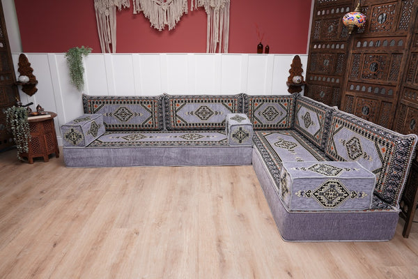 16'' Thickness Gray L Sofa Set, Arabic Floor Sofa Seating,  Living Room Sofa, Sectional Sofa, Moroccan Sofas, Corner Floor Couch, Turkish Sofa