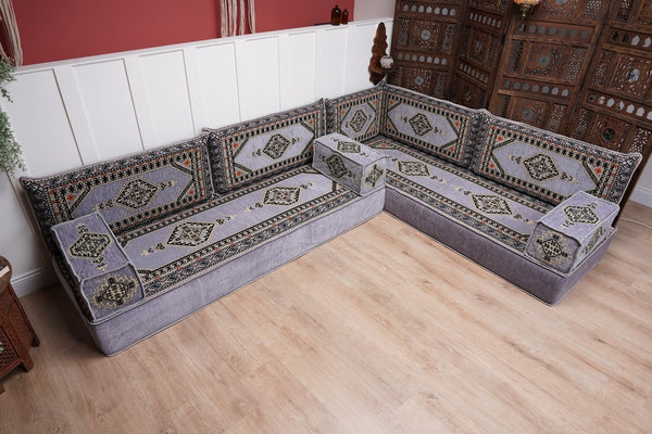 16'' Thickness Gray L Sofa Set, Arabic Floor Sofa Seating,  Living Room Sofa, Sectional Sofa, Moroccan Sofas, Corner Floor Couch, Turkish Sofa