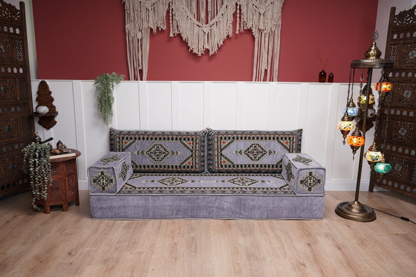 Loveseat Arabic Sofa, Traditional Living Room Sofa with Ottoman Couch and Rug, Floor Sofa Set, Ottoman Floor Cushion Seating, Arabic Majlis