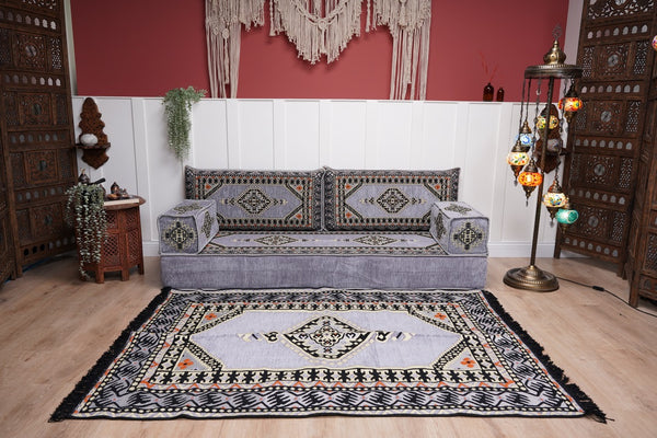 Loveseat Arabic Sofa, Traditional Living Room Sofa with Ottoman Couch and Rug, Floor Sofa Set, Ottoman Floor Cushion Seating, Arabic Majlis