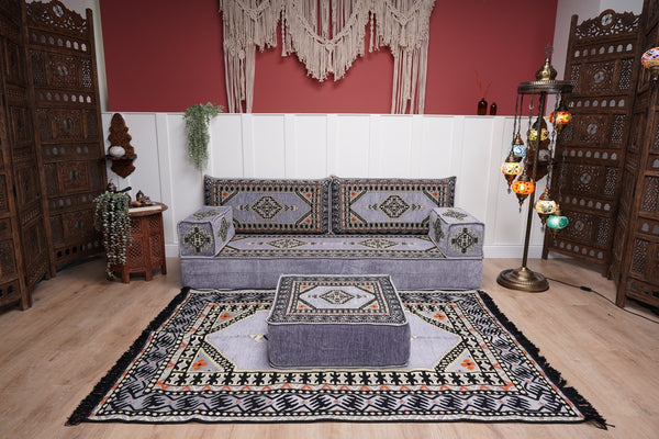 Loveseat Arabic Sofa, Traditional Living Room Sofa with Ottoman Couch and Rug, Floor Sofa Set, Ottoman Floor Cushion Seating, Arabic Majlis