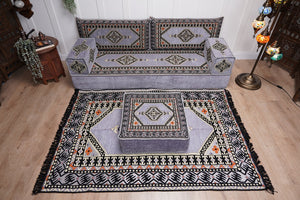 Loveseat Arabic Sofa, Traditional Living Room Sofa with Ottoman Couch and Rug, Floor Sofa Set, Ottoman Floor Cushion Seating, Arabic Majlis