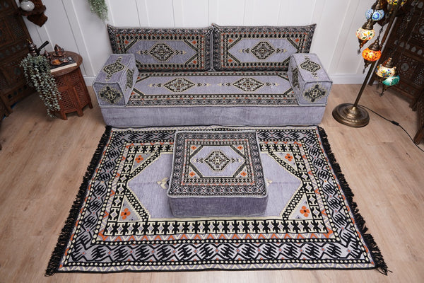 Loveseat Arabic Sofa, Traditional Living Room Sofa with Ottoman Couch and Rug, Floor Sofa Set, Ottoman Floor Cushion Seating, Arabic Majlis