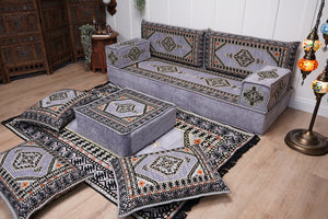 Loveseat Arabic Sofa, Traditional Living Room Sofa with Ottoman Couch and Rug, Floor Sofa Set, Ottoman Floor Cushion Seating, Arabic Majlis