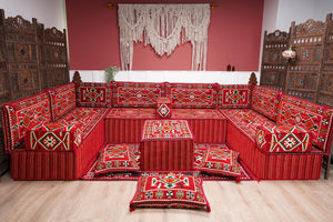 Red Arabic Floor Sofa Cover, Sectional Sofa, U Shaped Pallet Cushion, Ethnic Pillow Set, Indoor Sofa Set