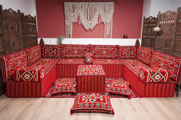 Red Arabic Floor Sofa Cover, Sectional Sofa, U Shaped Pallet Cushion, Ethnic Pillow Set, Indoor Sofa Set