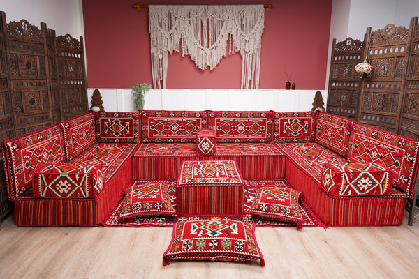 Red Arabic Floor Sofa Cover, Sectional Sofa, U Shaped Pallet Cushion, Ethnic Pillow Set, Indoor Sofa Set