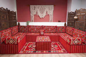 Red Arabic Floor Sofa Cover, Sectional Sofa, U Shaped Pallet Cushion, Ethnic Pillow Set, Indoor Sofa Set