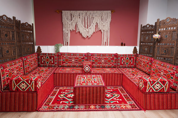 Red Arabic Floor Sofa Cover, Sectional Sofa, U Shaped Pallet Cushion, Ethnic Pillow Set, Indoor Sofa Set