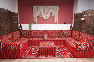 Red Arabic Floor Sofa Cover, Sectional Sofa, U Shaped Pallet Cushion, Ethnic Pillow Set, Indoor Sofa Set