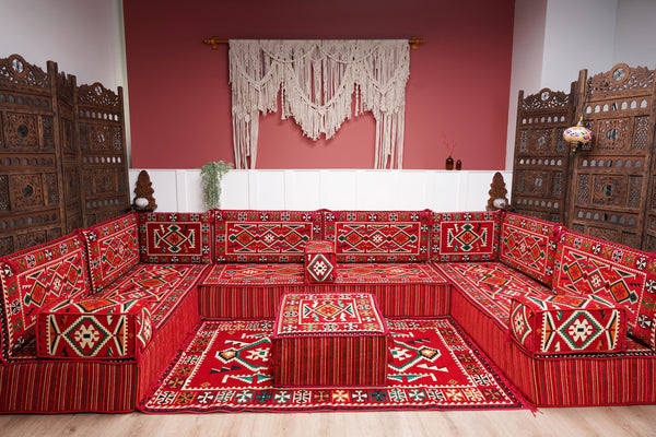 Red Arabic Floor Sofa Cover, Sectional Sofa, U Shaped Pallet Cushion, Ethnic Pillow Set, Indoor Sofa Set