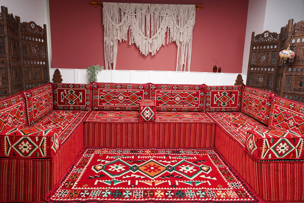 Red Arabic Floor Sofa Cover, Sectional Sofa, U Shaped Pallet Cushion, Ethnic Pillow Set, Indoor Sofa Set