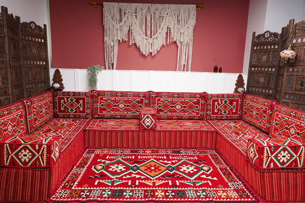 Red Arabic Floor Sofa Cover, Sectional Sofa, U Shaped Pallet Cushion, Ethnic Pillow Set, Indoor Sofa Set