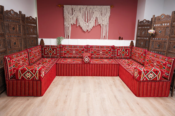 Red Arabic Floor Sofa Cover, Sectional Sofa, U Shaped Pallet Cushion, Ethnic Pillow Set, Indoor Sofa Set