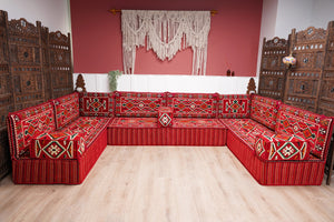 Red Arabic Floor Sofa Cover, Sectional Sofa, U Shaped Pallet Cushion, Ethnic Pillow Set, Indoor Sofa Set