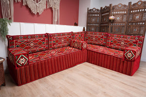 4" Thickness Red L Shaped Floor Couch, Arabic Sofa Seating, Floor Pillow, Corner Floor Sofa, Sectional Sofa