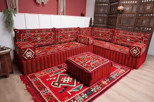 4" Thickness Red L Shaped Floor Couch, Arabic Sofa Seating, Floor Pillow, Corner Floor Sofa, Sectional Sofa