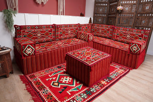 4" Thickness Red L Shaped Floor Couch, Arabic Sofa Seating, Floor Pillow, Corner Floor Sofa, Sectional Sofa