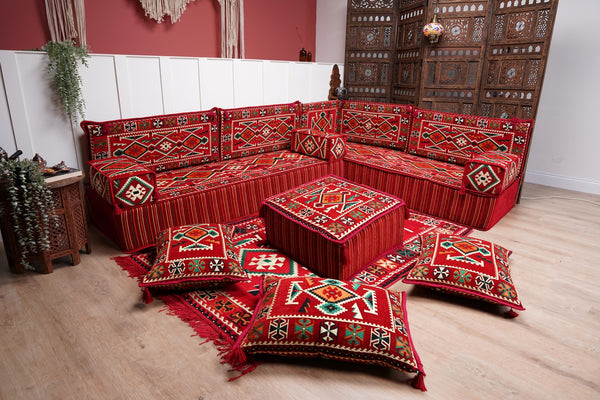 4" Thickness Red L Shaped Floor Couch, Arabic Sofa Seating, Floor Pillow, Corner Floor Sofa, Sectional Sofa