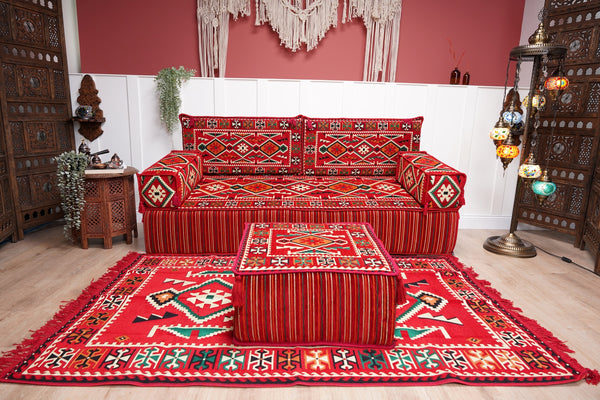 أثاث فناء أحمر، وسادة أرضية لغرفة المعيشة، أريكة أرضية عربية، وسادة أرضية تركية، أريكة عرقية مع أريكة عثمانية وسجادة