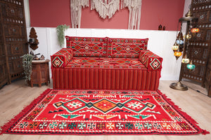 أثاث فناء أحمر، وسادة أرضية لغرفة المعيشة، أريكة أرضية عربية، وسادة أرضية تركية، أريكة عرقية مع أريكة عثمانية وسجادة