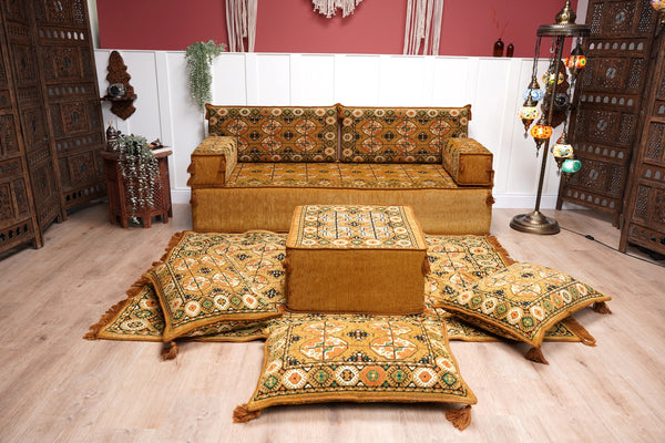 أرائك غرفة المعيشة، أريكة مقسمة وحدات، طقم أريكة أرضية، أريكة مقسمة، أريكة أرضية عربية مع أريكة عثمانية وسجادة