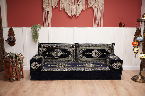 Navy Blue Arabic Sofa with Ottoman Couch and Rug, Floor Cushion Seating, Arabic Jalsa Set, Sectional Sofa, Arabic Sofa Seating, Moroccan Sofa