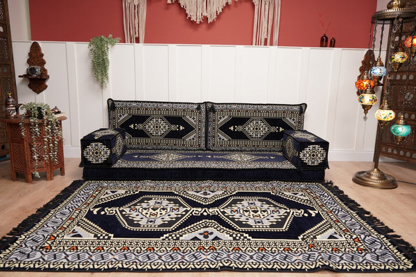 Navy Blue Arabic Sofa with Ottoman Couch and Rug, Floor Cushion Seating, Arabic Jalsa Set, Sectional Sofa, Arabic Sofa Seating, Moroccan Sofa