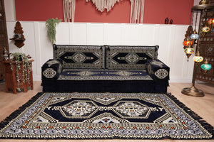 Navy Blue Arabic Sofa with Ottoman Couch and Rug, Floor Cushion Seating, Arabic Jalsa Set, Sectional Sofa, Arabic Sofa Seating, Moroccan Sofa