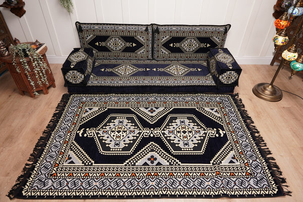 Navy Blue Arabic Sofa with Ottoman Couch and Rug, Floor Cushion Seating, Arabic Jalsa Set, Sectional Sofa, Arabic Sofa Seating, Moroccan Sofa
