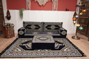Navy Blue Arabic Sofa with Ottoman Couch and Rug, Floor Cushion Seating, Arabic Jalsa Set, Sectional Sofa, Arabic Sofa Seating, Moroccan Sofa