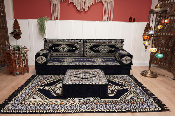 Navy Blue Arabic Sofa with Ottoman Couch and Rug, Floor Cushion Seating, Arabic Jalsa Set, Sectional Sofa, Arabic Sofa Seating, Moroccan Sofa