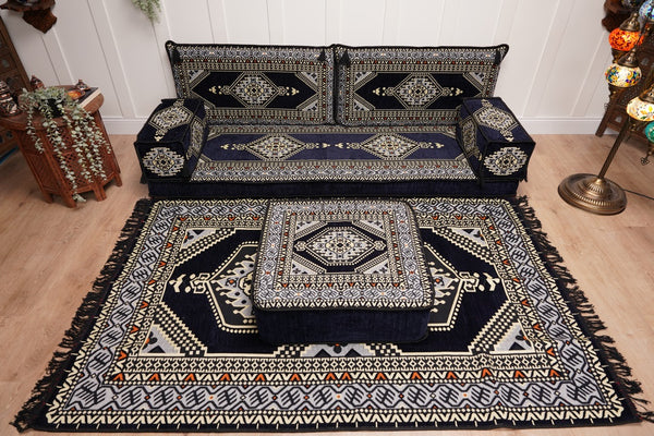 Navy Blue Arabic Sofa with Ottoman Couch and Rug, Floor Cushion Seating, Arabic Jalsa Set, Sectional Sofa, Arabic Sofa Seating, Moroccan Sofa