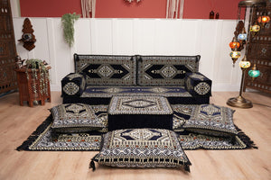 Navy Blue Arabic Sofa with Ottoman Couch and Rug, Floor Cushion Seating, Arabic Jalsa Set, Sectional Sofa, Arabic Sofa Seating, Moroccan Sofa