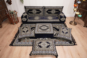 Navy Blue Arabic Sofa with Ottoman Couch and Rug, Floor Cushion Seating, Arabic Jalsa Set, Sectional Sofa, Arabic Sofa Seating, Moroccan Sofa