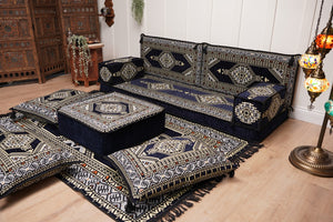 Navy Blue Arabic Sofa with Ottoman Couch and Rug, Floor Cushion Seating, Arabic Jalsa Set, Sectional Sofa, Arabic Sofa Seating, Moroccan Sofa