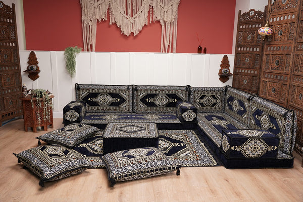 Arabic Corner Floor Couch, L Shaped Navy Blue Turkish Sofa, Oriental Floor Cushions, Arabic Majlis, Traditional Living Room Sofa, Arabic Jalsa Set