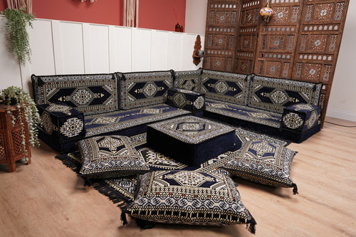 8'' Thickness L Sofa Set, Arabic Corner Floor Couch, L Shaped Navy Blue Turkish Sofa, Oriental Floor Cushions, Arabic Majlis, Traditional Living Room Sofa, Arabic Jalsa Set