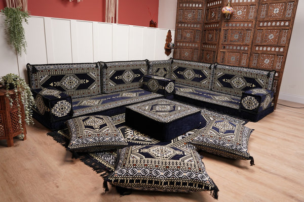 Arabic Corner Floor Couch, L Shaped Navy Blue Turkish Sofa, Oriental Floor Cushions, Arabic Majlis, Traditional Living Room Sofa, Arabic Jalsa Set