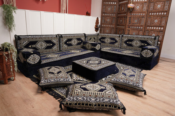 Arabic Corner Floor Couch, L Shaped Navy Blue Turkish Sofa, Oriental Floor Cushions, Arabic Majlis, Traditional Living Room Sofa, Arabic Jalsa Set