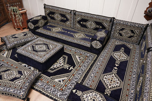 Arabic Corner Floor Couch, L Shaped Navy Blue Turkish Sofa, Oriental Floor Cushions, Arabic Majlis, Traditional Living Room Sofa, Arabic Jalsa Set