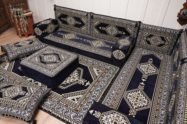Arabic Corner Floor Couch, L Shaped Navy Blue Turkish Sofa, Oriental Floor Cushions, Arabic Majlis, Traditional Living Room Sofa, Arabic Jalsa Set