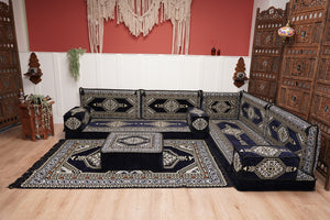 Arabic Corner Floor Couch, L Shaped Navy Blue Turkish Sofa, Oriental Floor Cushions, Arabic Majlis, Traditional Living Room Sofa, Arabic Jalsa Set